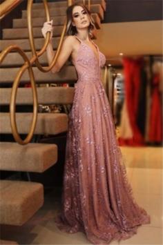 Elegant Pink Lace Appliques Sexy V-Neck Prom Dresses Backless Sleeveless Evening Dresses | www.27dress.co.uk