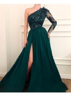 Dunkel Grüne Abendkleider mit Ärmel | Spitze Abendkleid Chiffon