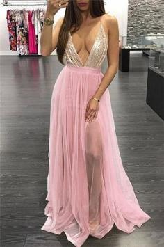 Pink Spaghetti-Strpas Deep V-Neck Backless A-Line Prom Dresses | Yesbabyonline.com