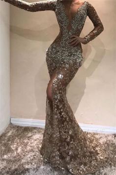 Glamorous Mermaid Long Sleeves Open Back Sequins Long Prom Dress | Yesbabyonline.com
