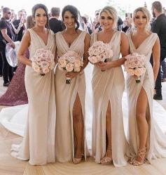 Simple Chiffon Long Bridesmaid Dresses | V-Neck Sleeveless Side-Slit Prom Dresses | www.babyonlinewholesale.com