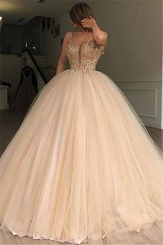 Elegant Ball Gown Spaghetti Straps Sleeveless Beaded Champagne Long Wedding Dress | Yesbabyonline.com