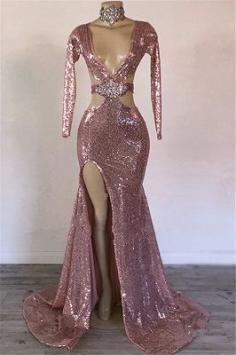 Glamorous Sequins V-Neck Long Sleeves Side Slit Sexy Mermaid Prom Dresses | Yesbabyonline.com