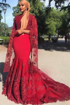 Burgundy Lace Appliques Jewel Neck Long Sleeves Sexy Mermaid Prom Dress | Yesbabyonline.com