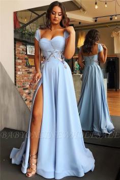 Cap Sleeves Open Back Blue Evening Dress Cheap | Sexy Side Slit Appliques Prom Dresses Online | www.babyonlinewholesale.com