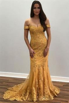 Mermaid Yellow Off-The-Shoulder Appliques Tulle Prom Dresses | www.babyonlinewholesale.com