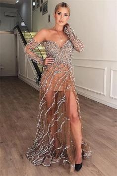 Gorgeous A-Line Sweetheart Off The Shoulder Crystal Appliques Tulle Long Prom Dress | Yesbabyonline.com