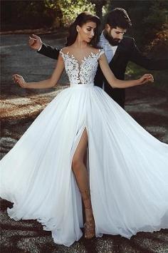 Spitze Appliques Chiffon Brautkleider Sexy | Front Schlitz schiere Günstige Brautkleid 