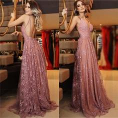 Sexy Spaghetti-Strpas Appliques Backless A-Line Prom Dresses