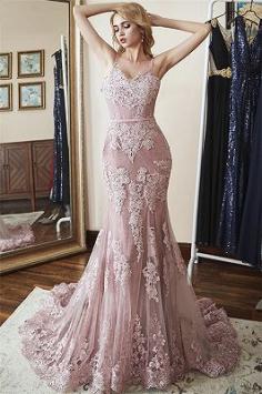 Glamorous Spaghetti-Straps Appliques Tulle Sexy Mermaid Prom Dresses | Yesbabyonline.com