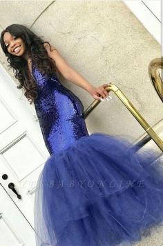 Sexy Navy Blue Mermaid Sequins Prom Dresses | Cheap Tulle Sleeveless V-Neck Evening Dresses | Yesbabyonline.com