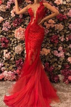 Stunning Mermaid One-Shoulder Appliques Tulle Beading Floor-Length Prom Dresses | Yesbabyonline.com