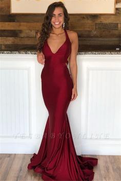 Burgundy Halter V-Neck Backless Sexy Mermaid Prom Dresses | Yesbabyonline.com