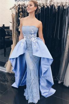 Mermaid Elegant Blue Lace Appliques Strapless Overskirt Prom Dresses | www.babyonlinewholesale.com
