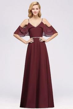 Elegant A-line Chiffon V-Neck Spaghetti Straps Sleeveless Floor-Length Bridesmaid Dresses with Beading Sash | www.babyonlinewholesale.com