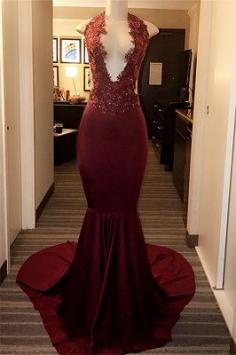 Burgundy Halter Appliques Sexy Mermaid Prom Dresses | Yesbabyonline.com