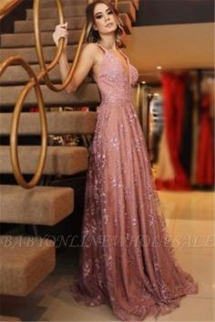A-Line Sexy Spaghetti-Strpas Appliques Backless Prom Dresses | www.babyonlinewholesale.com