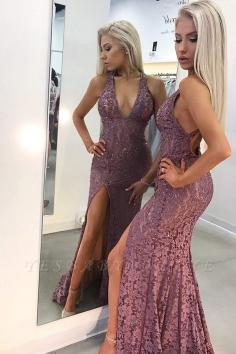 Purple Straps Lace Appliques Side Slit Sexy Mermaid Prom Dresses | Yesbabyonline.com