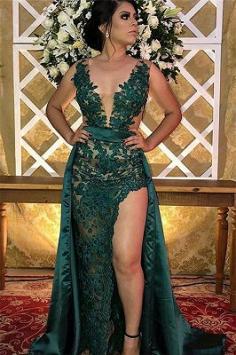 Green Straps Appliques Side Slit A-Line Prom Dress | Yesbabyonline.com