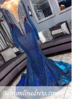 Glamorous Blue Mermaid Prom Dresses | Long Sleeves Evening Gowns with Tassels