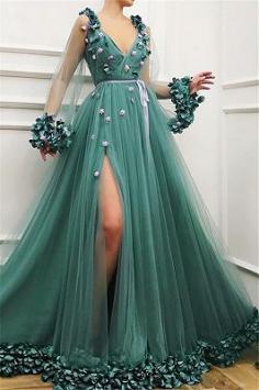Glamorous Green Long-Sleeves Mesh Side-Slit Prom Dress | Yesbabyonline.com