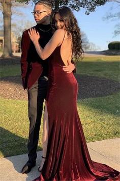 Burgundy Spaghetti-Straps Backless Side Slit Velvet Sexy Mermaid Prom Dresses | Yesbabyonline.com