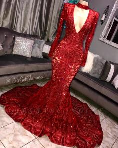 Glamorous Mermaid Long Sleeves Deep V-neck Lace Applique Long Prom Dress | Yesbabyonline.com