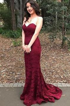 Sweetheart-Neck Burgundy Lace Mermaid Long Bridesmaid Dress | www.babyonlinewholesale.com