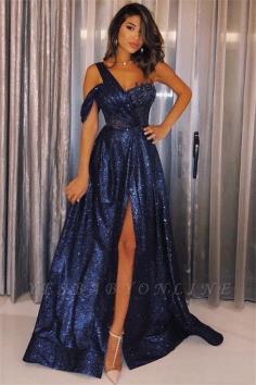 2019 Navy Blue One-Shoulder Sequins Prom Dresses | Sexy A-Line Side-Slit Cheap Evening Gowns | Yesbabyonline.com