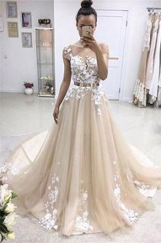 A-Line Elegant Jewel Appliques Sleeveless Tulle Prom Dresses | www.babyonlinewholesale.com