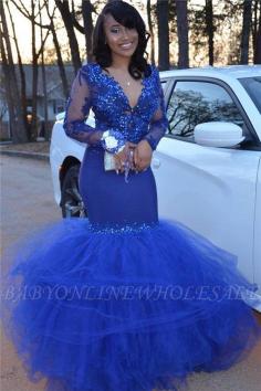 V-neck Royal Blue Tulle Mermaid Prom Dress Cheap | Long Sleeve Beaded Sexy Graduation Dresses bc1772 | www.babyonlinewholesale.com