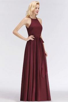 NICOLE | A-line Halter Sleeveless Long Burgundy Ruffles Chiffon Bridesmaid Dresses | www.babyonlinewholesale.com