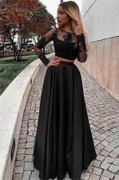A-Line Black Sheer Tulle Long Sleeves Two-Pieces Prom Dresses | www.babyonlinewholesale.com