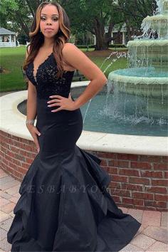 Black Straps Lace Appliques Ruffle Sexy Mermaid Prom Dresses | Yesbabyonline.com