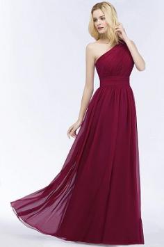 PATTIE | A-line One-shoulder Floor Length Burgundy Ruffled Chiffon Bridesmaid Dresses | www.babyonlinewholesale.com