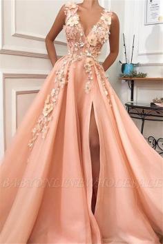 Gorgeous Straps V-Neck Flower Appliques A-Line Prom Dress | www.babyonlinewholesale.com