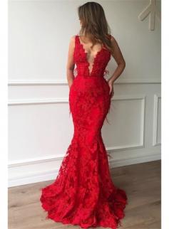 Elegante Abendkleider Lang Rot | Spitze Abendmoden Abiballkleider