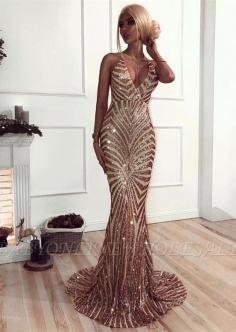 Sexy V-Neck Mermaid Prom Dress | Sequins Long Evening Dress | Babyonlinewholesale