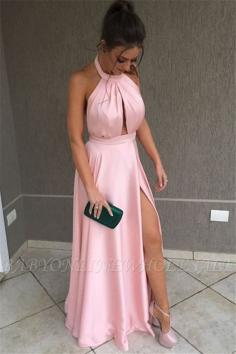 Amazing Pink Halter Side-Slit Prom Dresses | Cheap Sleeveless Evening Dresses with Keyhole | Babyonlinewholesale
