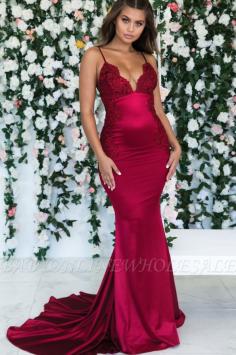 Burgundy Sleeveless Mermaid Backless Prom Dresses | Cheap Spaghetti-Straps Lace Appliques Evening Gowns | Babyonlinewholesale