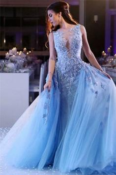 Popular Sky Blue Lace Prom Dresses Online | Sleeveless Overskirt Tulle Evening Dresses Cheap | Babyonlinewholesale