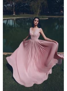 Designer Abendkleider Lang V Ausschnitt | Abiballkleider Chiffon Rosa