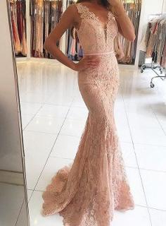 Mermaid Pink Lace Long Evening Dresses | Sleeveless Sheer Tulle Cheap Prom Dresses | Babyonlinewholesale