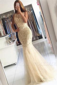 Beaded Crystals Mermaid Tulle Sexy Evening Gown Champagne Affordable Prom Dress Cheap BA6133 | Babyonlinewholesale