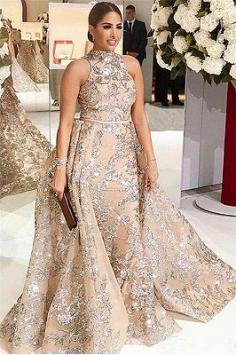 Silver Beading Lace Appliques Sexy Sleeveless Prom Dresses | Overskirt Champagne Evening Gown Cheap | Babyonlinewholesale