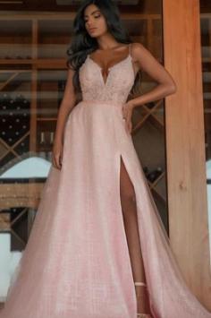 Abendkleid lang Rosa | Abiballkleider mit Glitzer