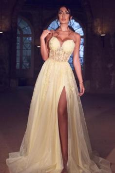 Schlichtes Abiballkleid GÃ¼nstig | Gelb Abendkleider Lang mit Spitze