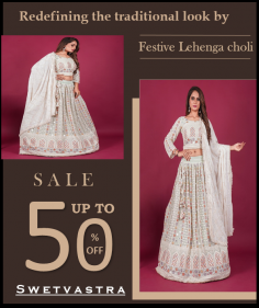 https://www.swetvastra.com/festive-lehenga-choli/
Today women prefer to wear Festive Lehenga Choli on festive occasions like weddings, festivals and other celebratory occasions.  We will have Lehenga Choli made of luxurious fabrics like silk, brocade or georgette. Which will be seen heavily embellished with intricate embroidery, zari work, sequins, beads or stone work.
