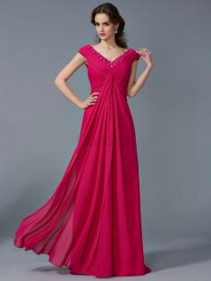 A Linie kurze Ärmeln Chiffon Perlenbesetztes Anständiges Abendkleid