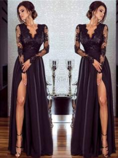 Chiffon A-Line Ausgezeichnet Langärmeliges Prinzessin Bodenlanges Abendkleid mit Applike